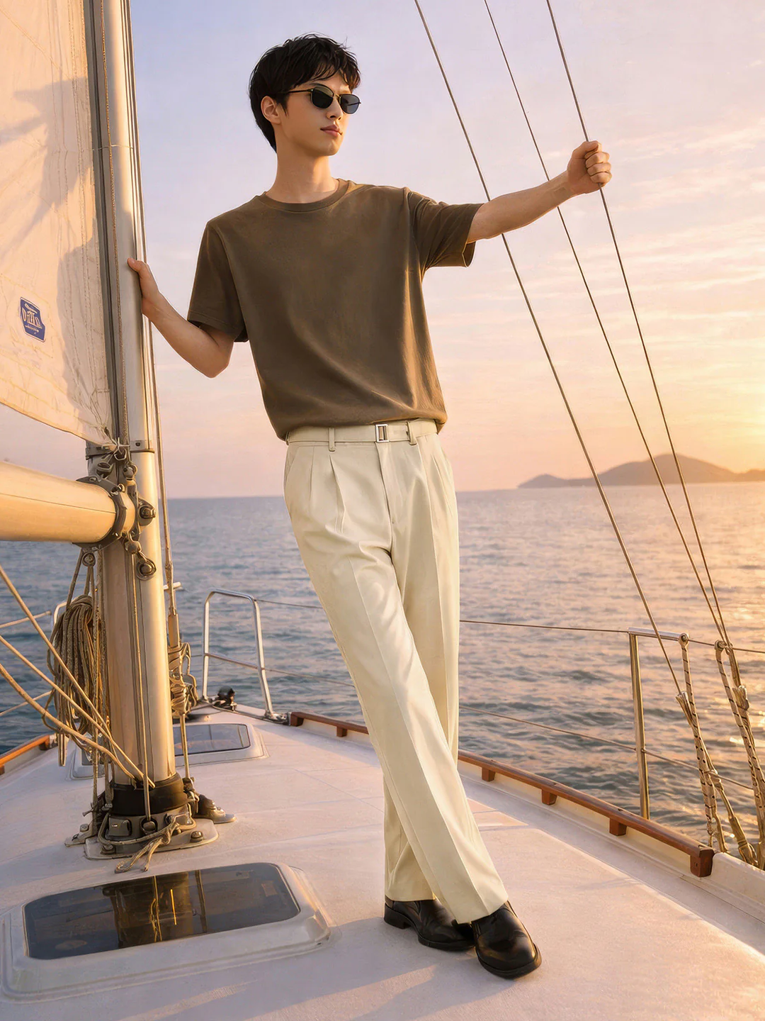 Men's Beige Relaxed Fit Solid Utility Trousers - Image 4