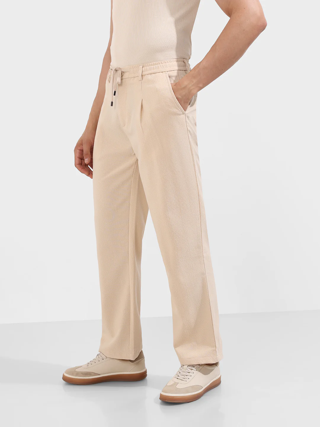 Men's Beige Relaxed Fit Textured Casual Trousers - Image 3