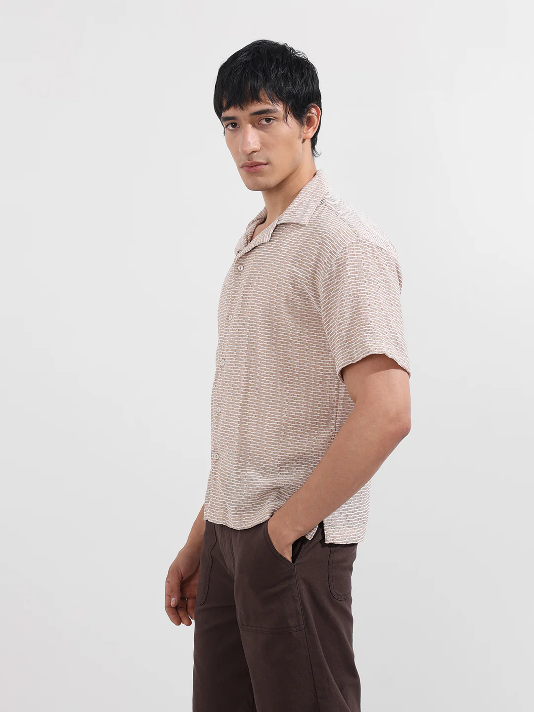 Men's Beige Relaxed Fit Textured Resort Wear Shirt - Image 3