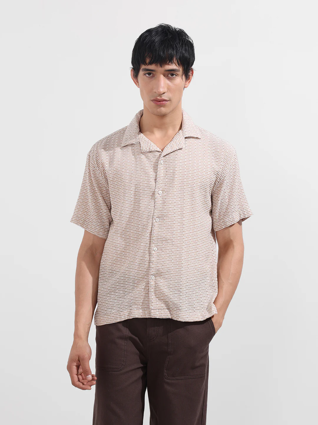 Men's Beige Relaxed Fit Textured Resort Wear Shirt - Image 6