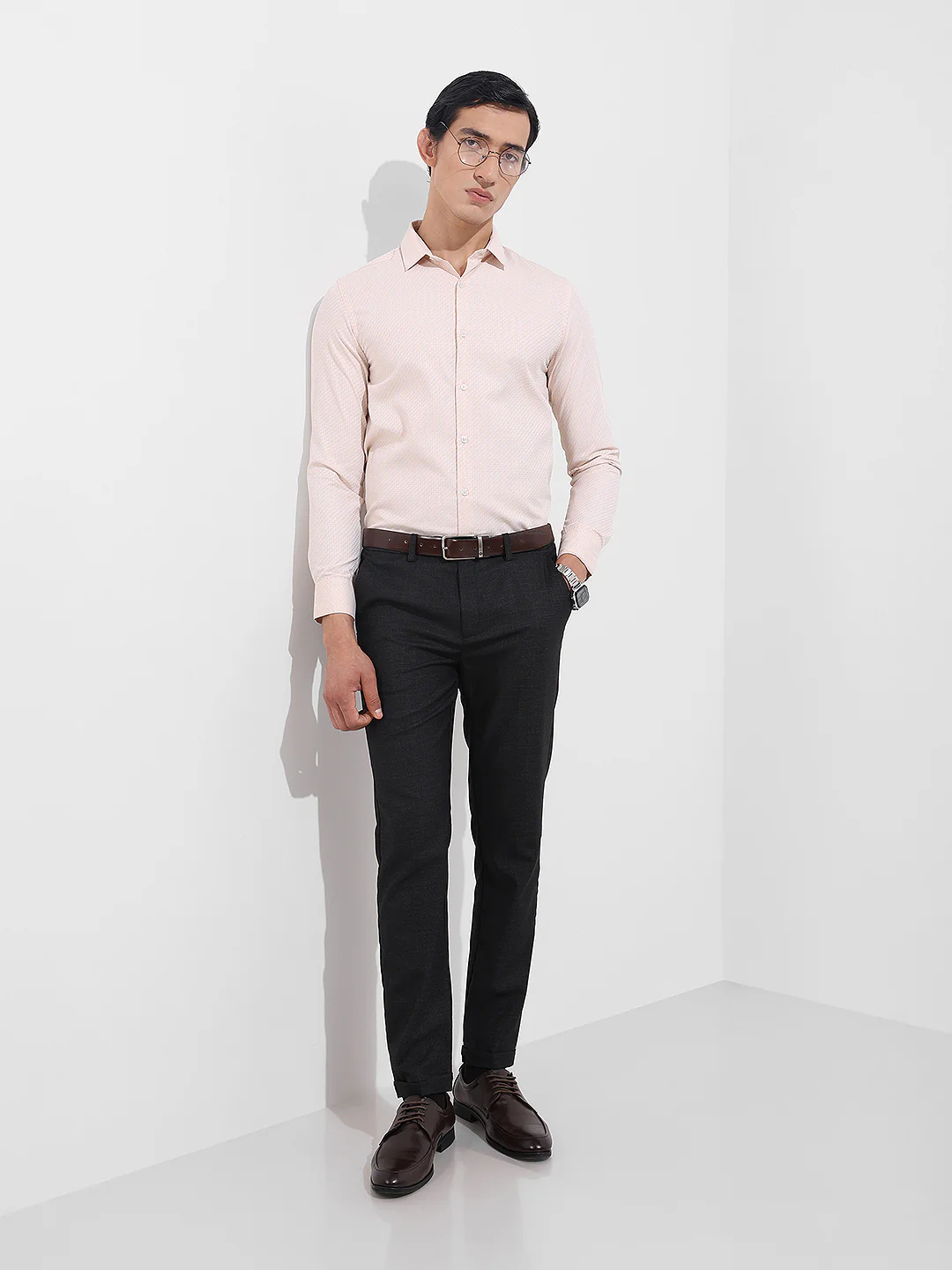 Men's Beige Slim Fit Geometric Print Formal Shirt - Image 2