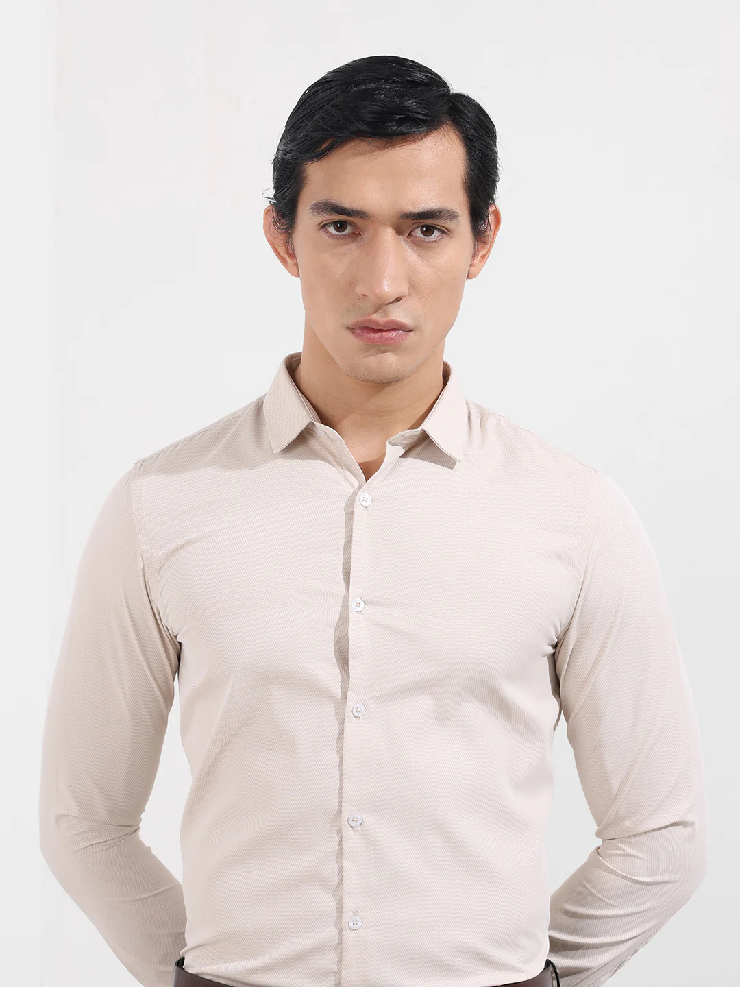 Men's Beige Slim Fit Geometric Print Formal Shirt - Image 5
