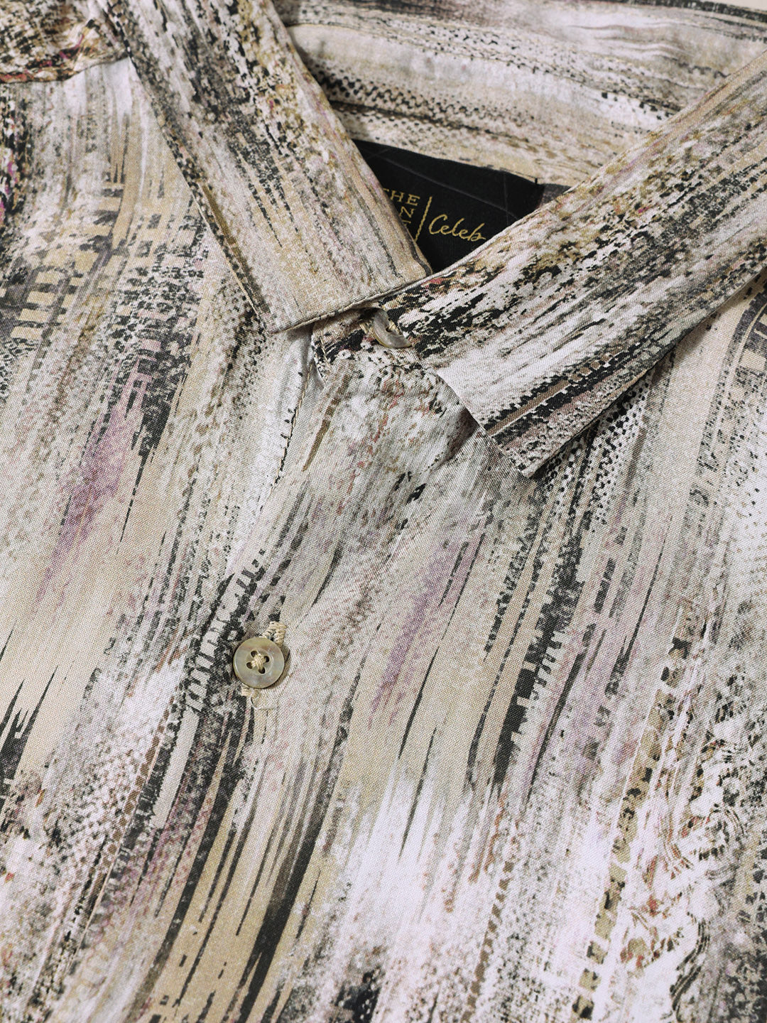 Men's Beige Slim Fit Party Wear Printed Shirt - Image 3