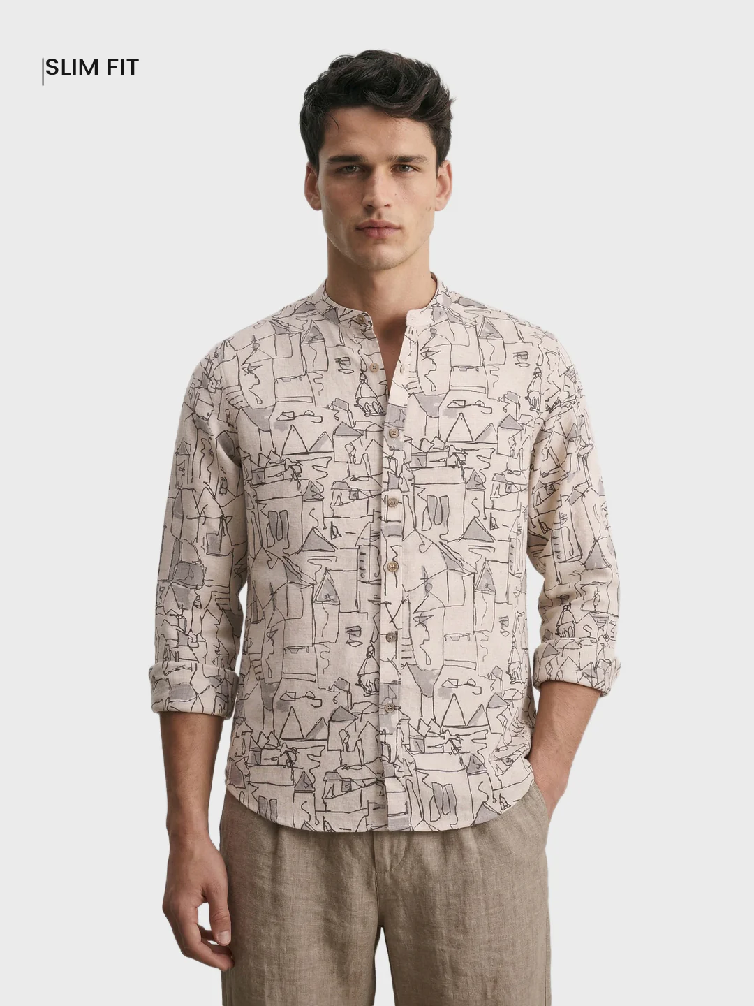 Men's Beige Slim Fit Printed Casual Shirt - Image 2