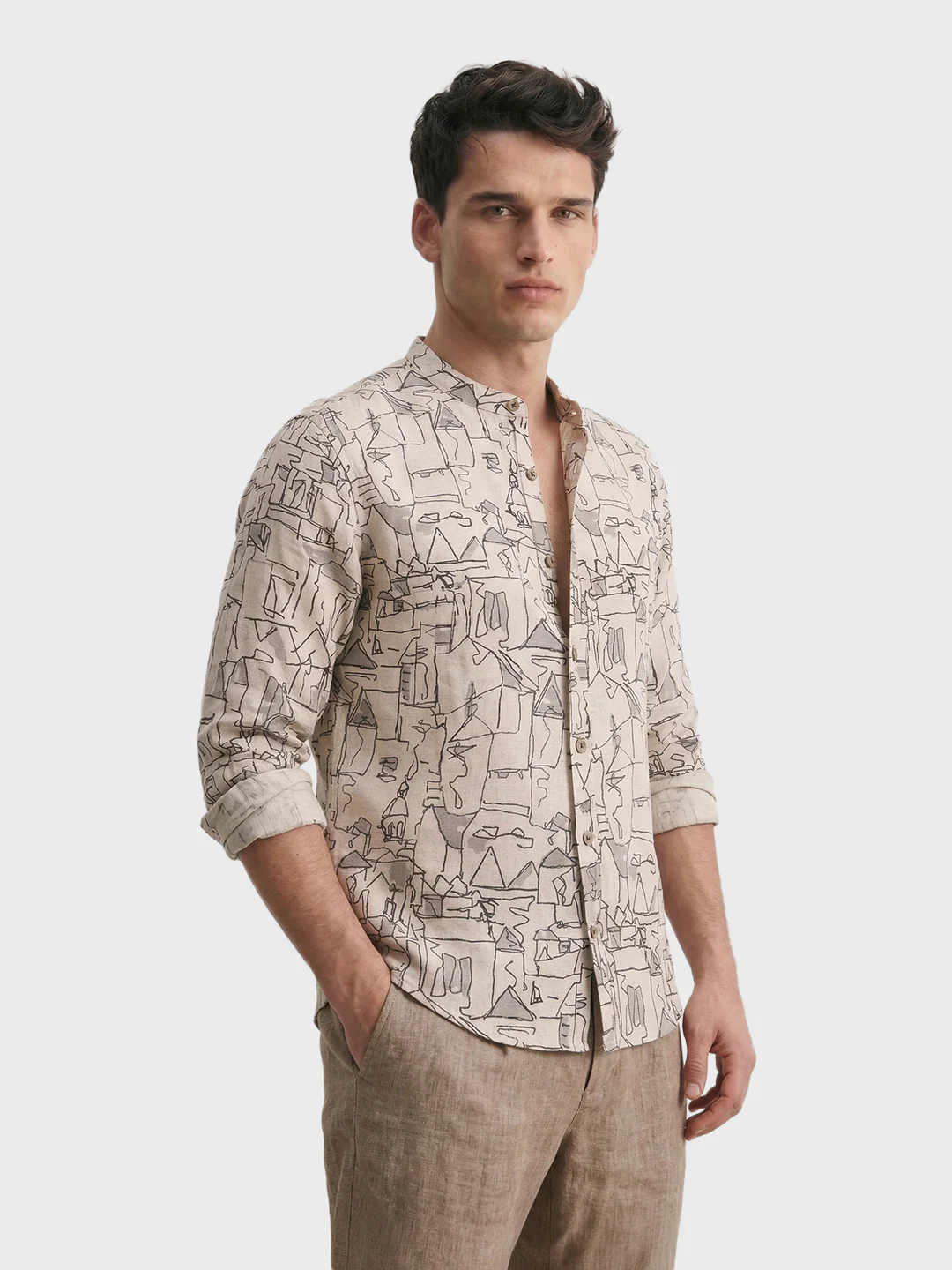 Men's Beige Slim Fit Printed Casual Shirt - Image 4