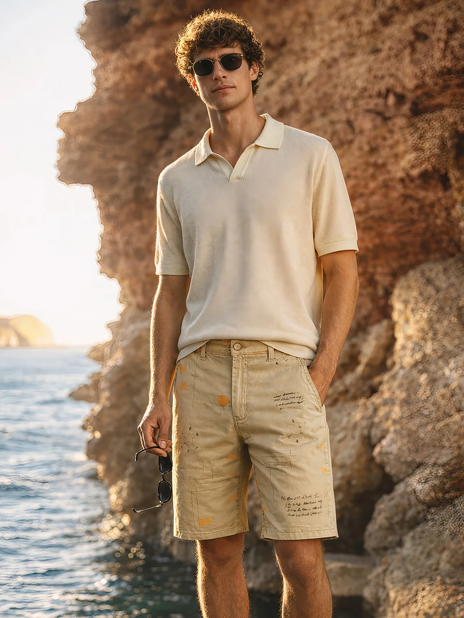 Men's Beige Slim Fit Printed Casual Shorts - Image 4