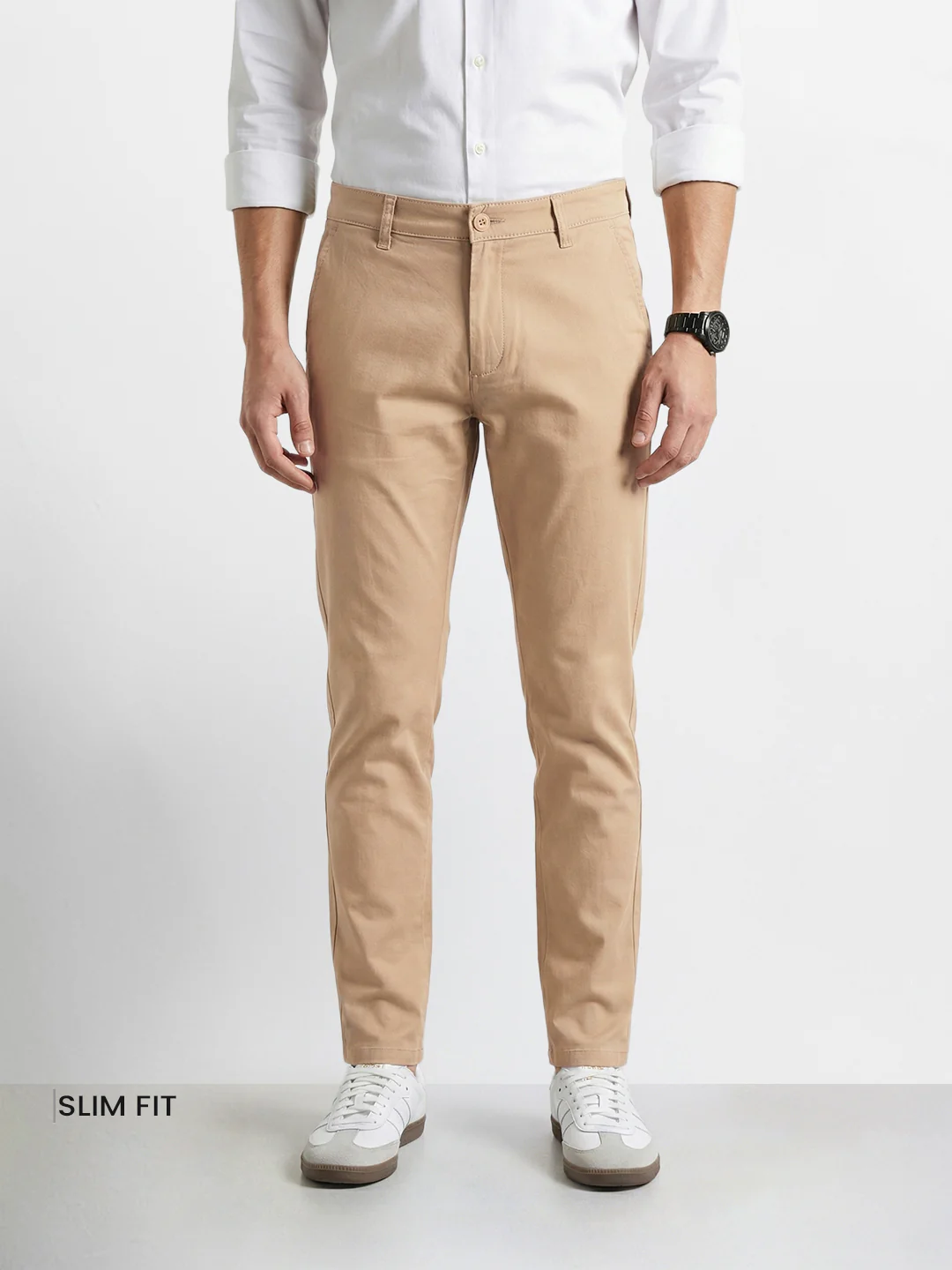Men's Beige Slim Fit Solid Casual Chinos - Image 2
