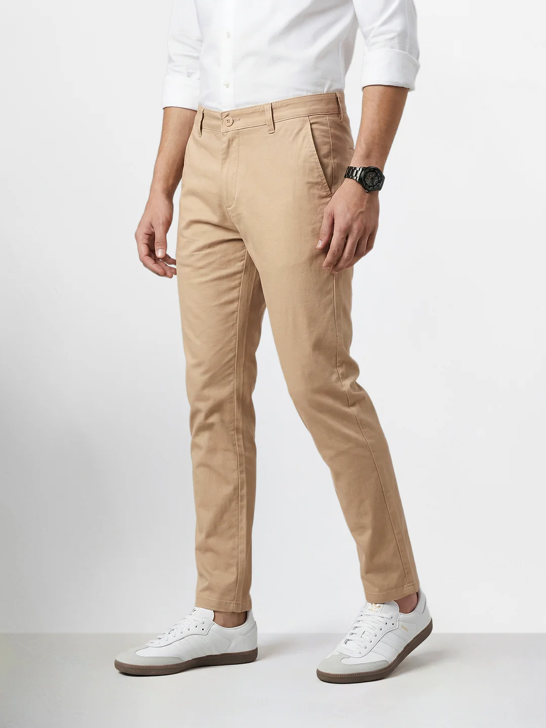 Men's Beige Slim Fit Solid Casual Chinos - Image 3