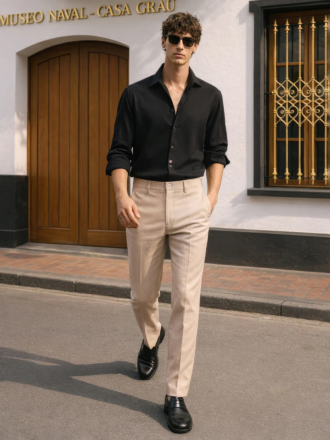 Men's Beige Slim Fit Solid Casual Chinos - Image 3