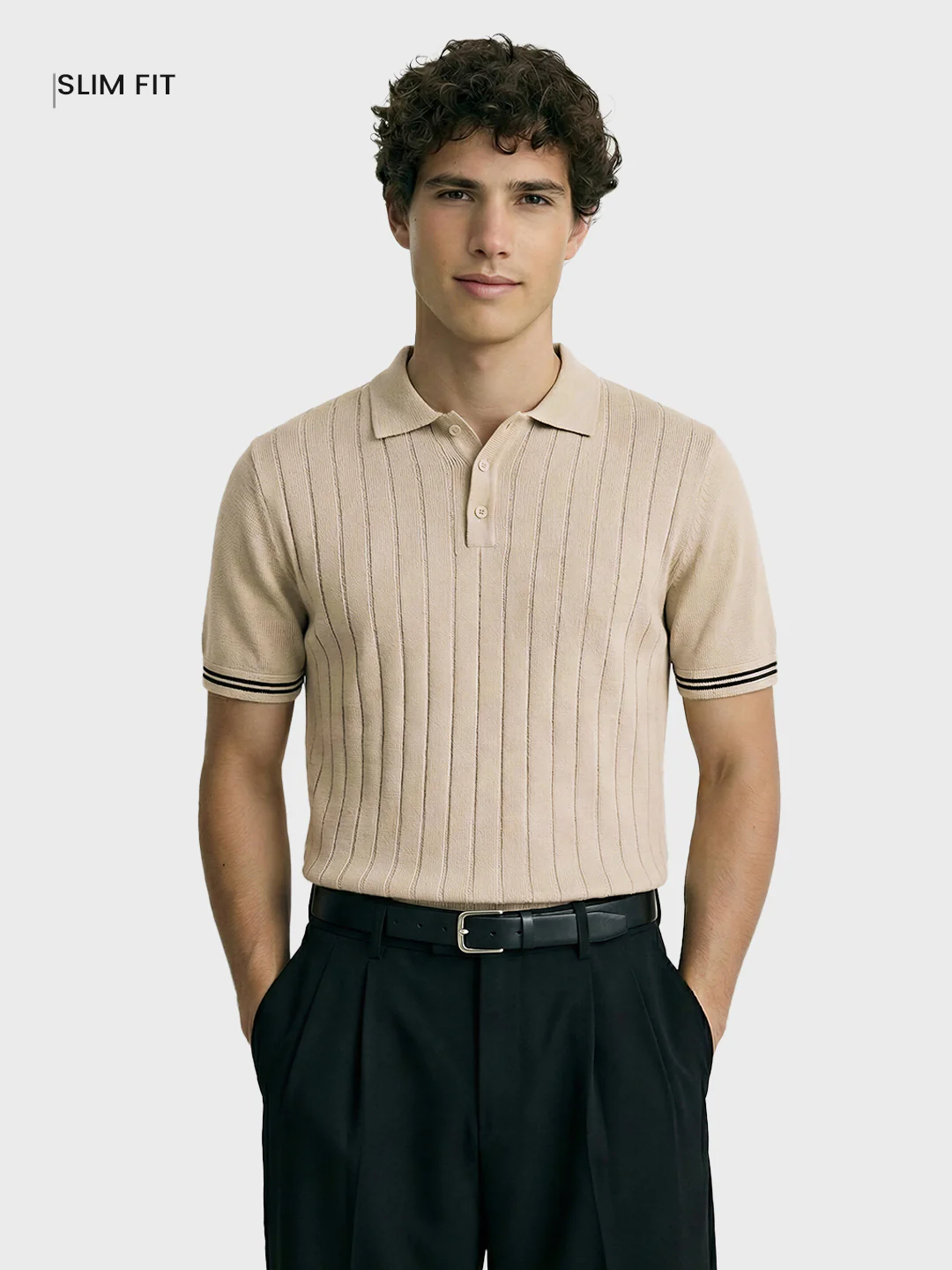 Men's Beige Slim Fit Solid Flat Knit T-Shirt - Image 2