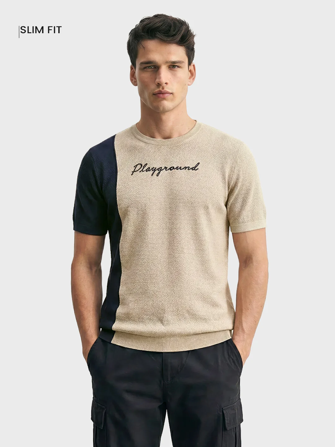 Men's Beige Slim Fit Solid Casual T-Shirt - Image 2