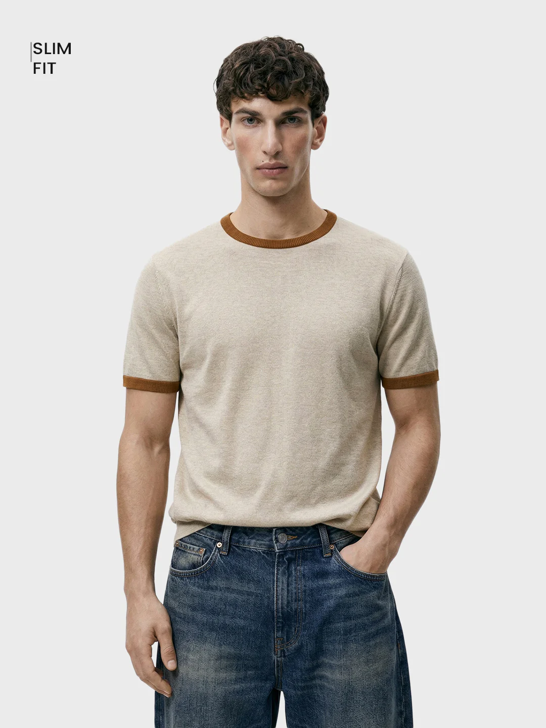 Men's Beige Slim Fit Solid Casual T-Shirt - Image 2