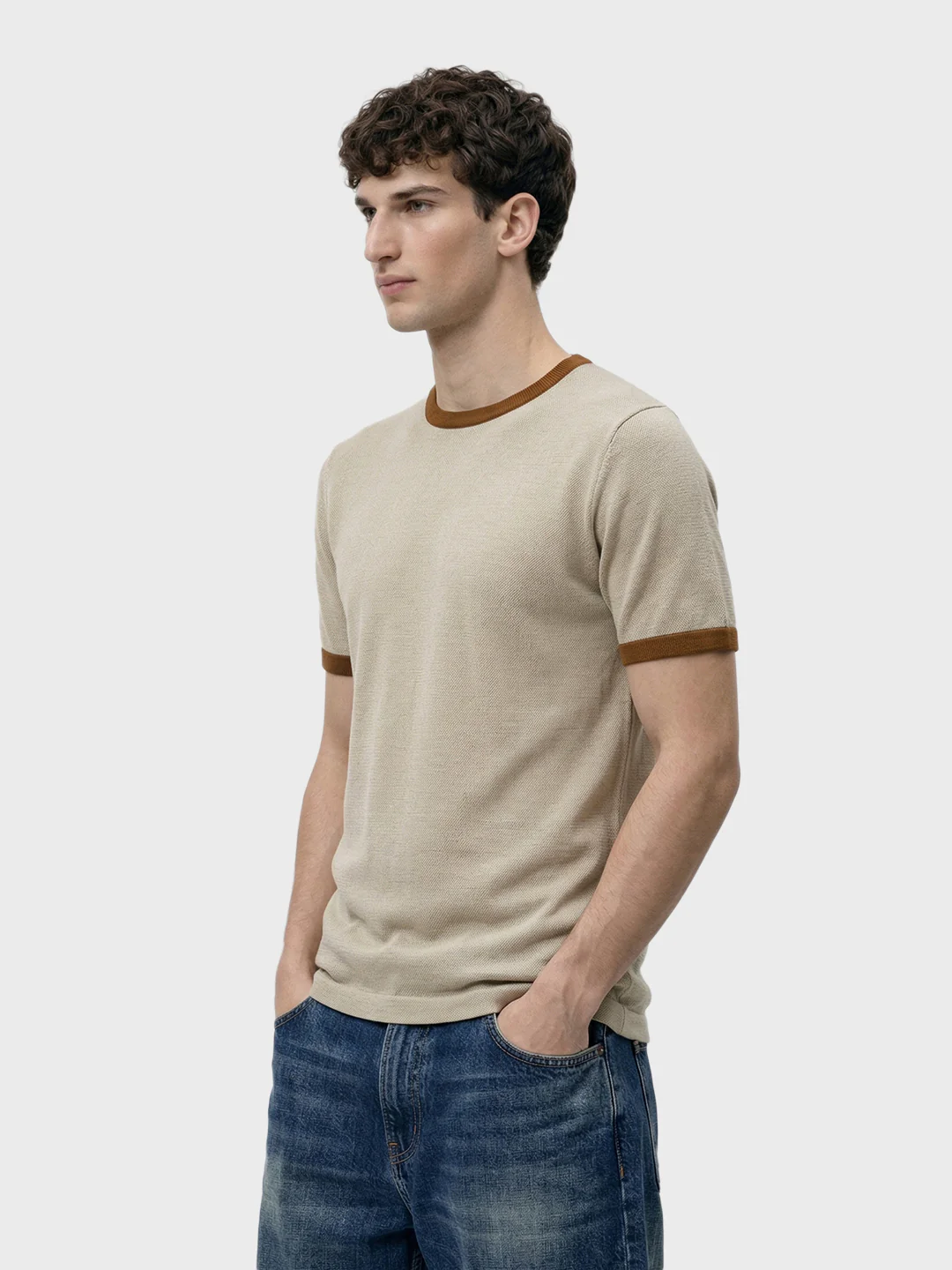 Men's Beige Slim Fit Solid Casual T-Shirt - Image 4