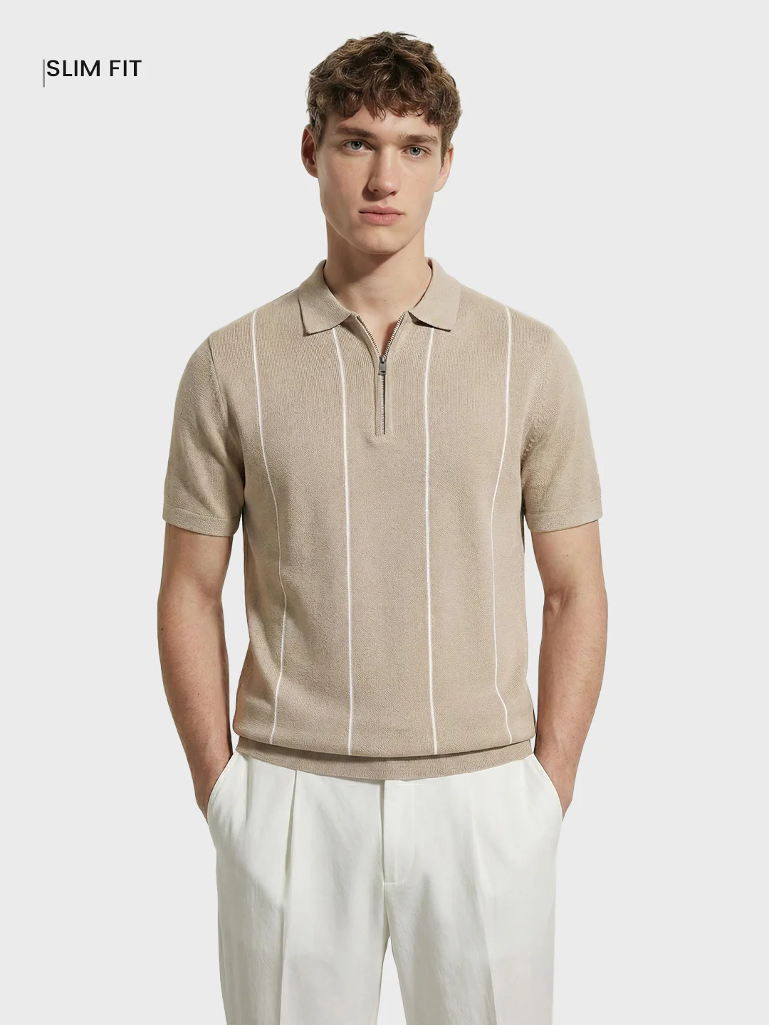 Men's Beige Slim Fit Striped Flat Knit T-Shirt - Image 2