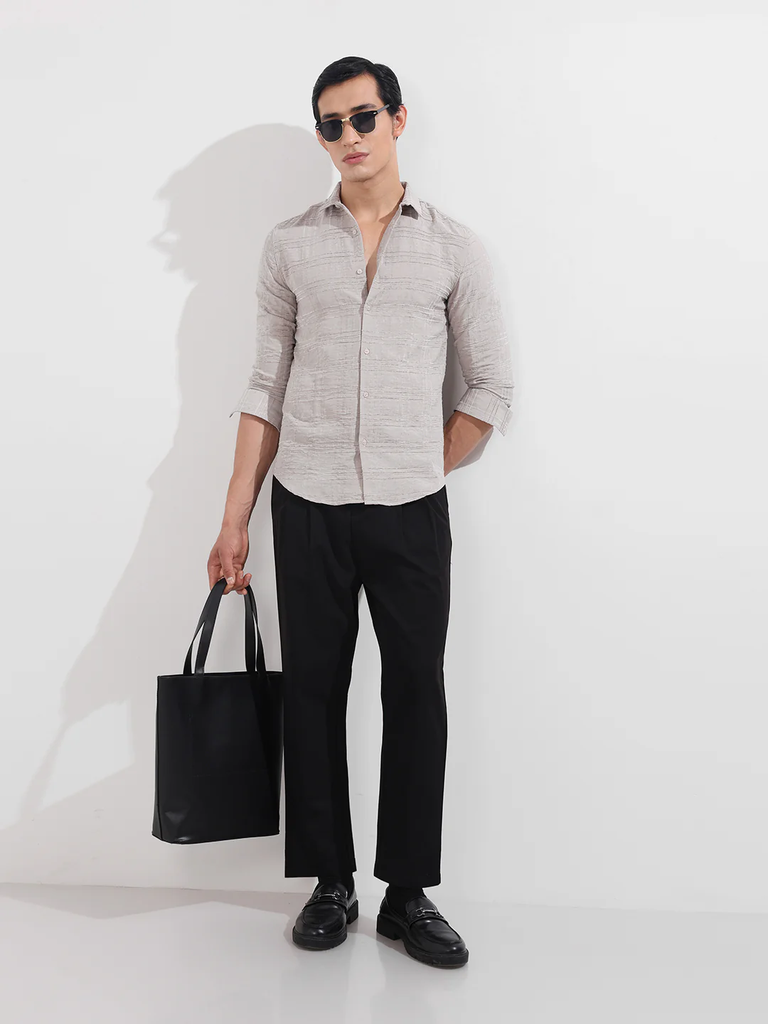 Men's Beige Slim Fit Textured Party Wear Shirt - Image 2