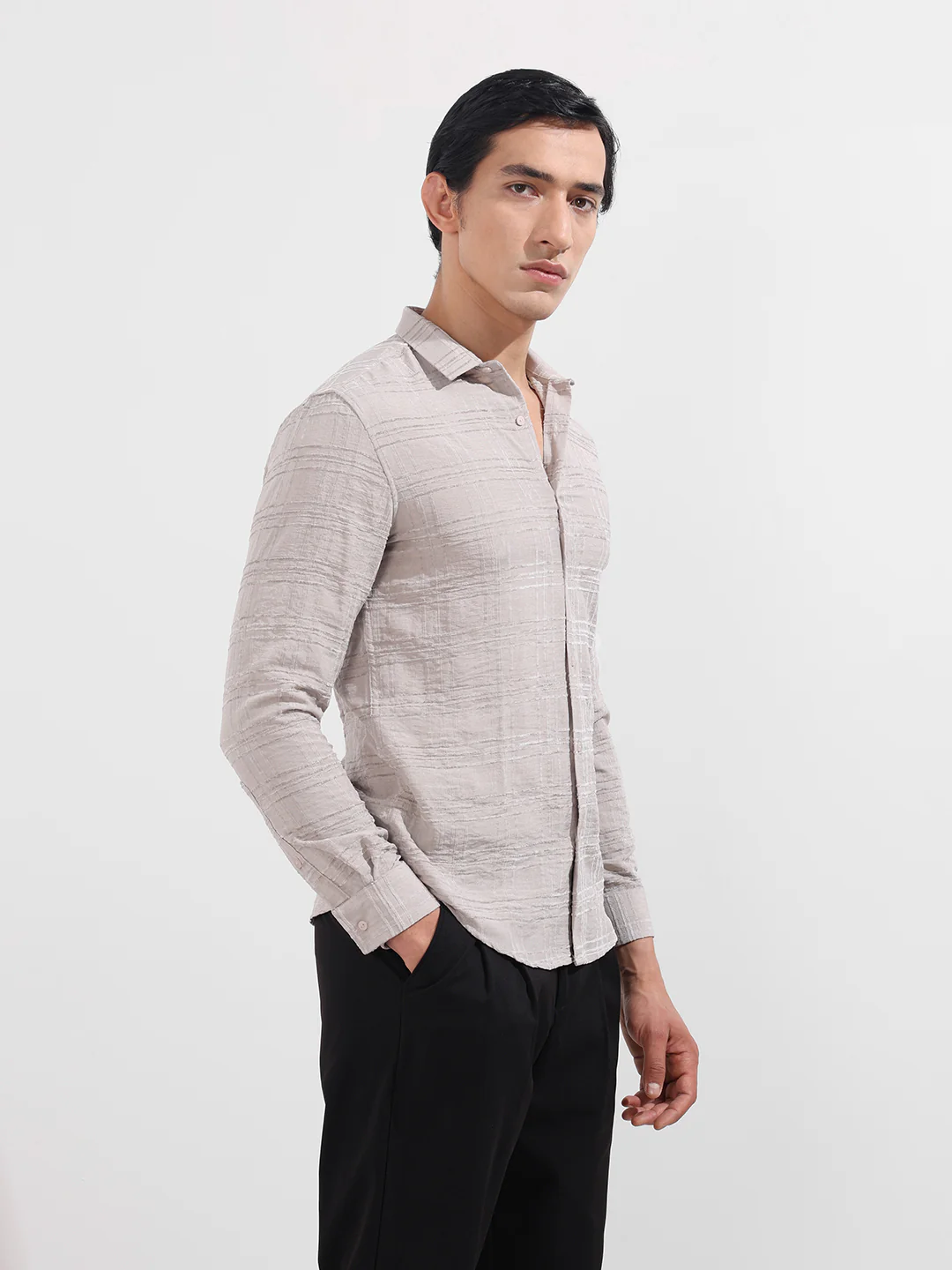 Men's Beige Slim Fit Textured Party Wear Shirt - Image 4