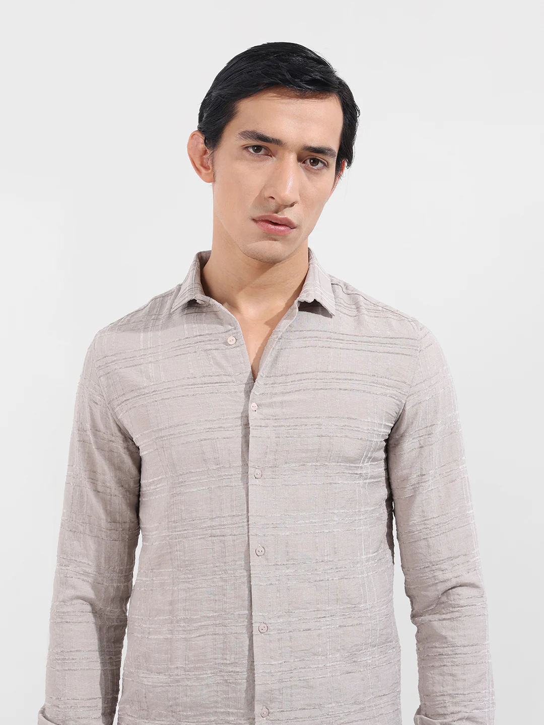Men's Beige Slim Fit Textured Party Wear Shirt - Image 5