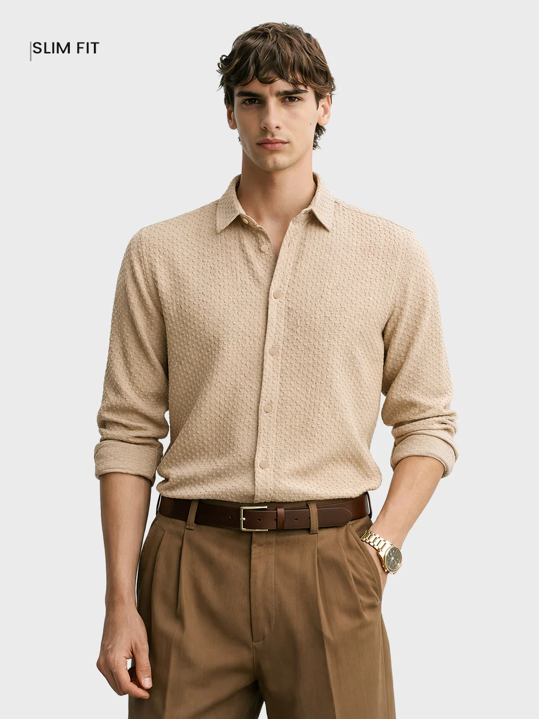 Men's Beige Slim Fit Textured Party Wear Shirt - Image 2