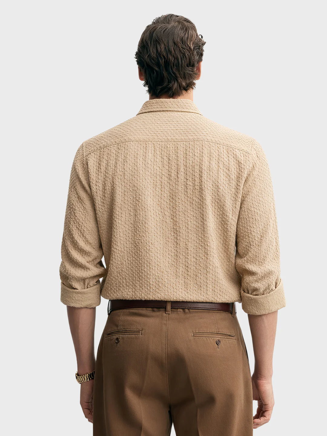 Men's Beige Slim Fit Textured Party Wear Shirt - Image 3