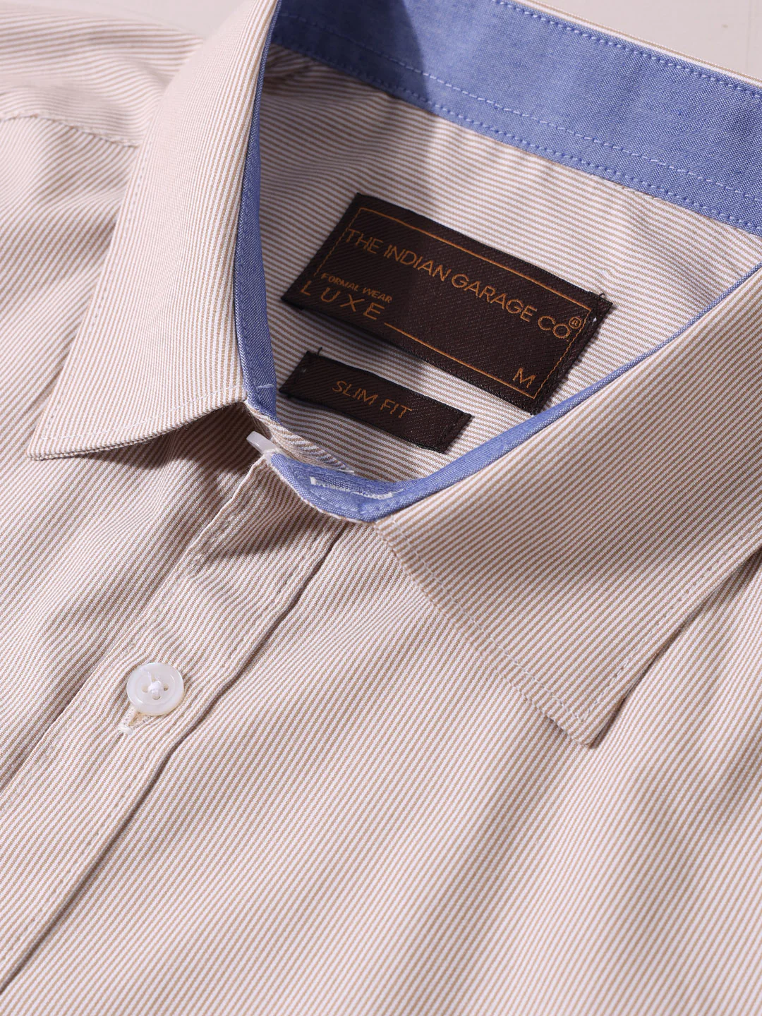 Men's Beige Slim Fit Striped Formal Shirt - Image 3