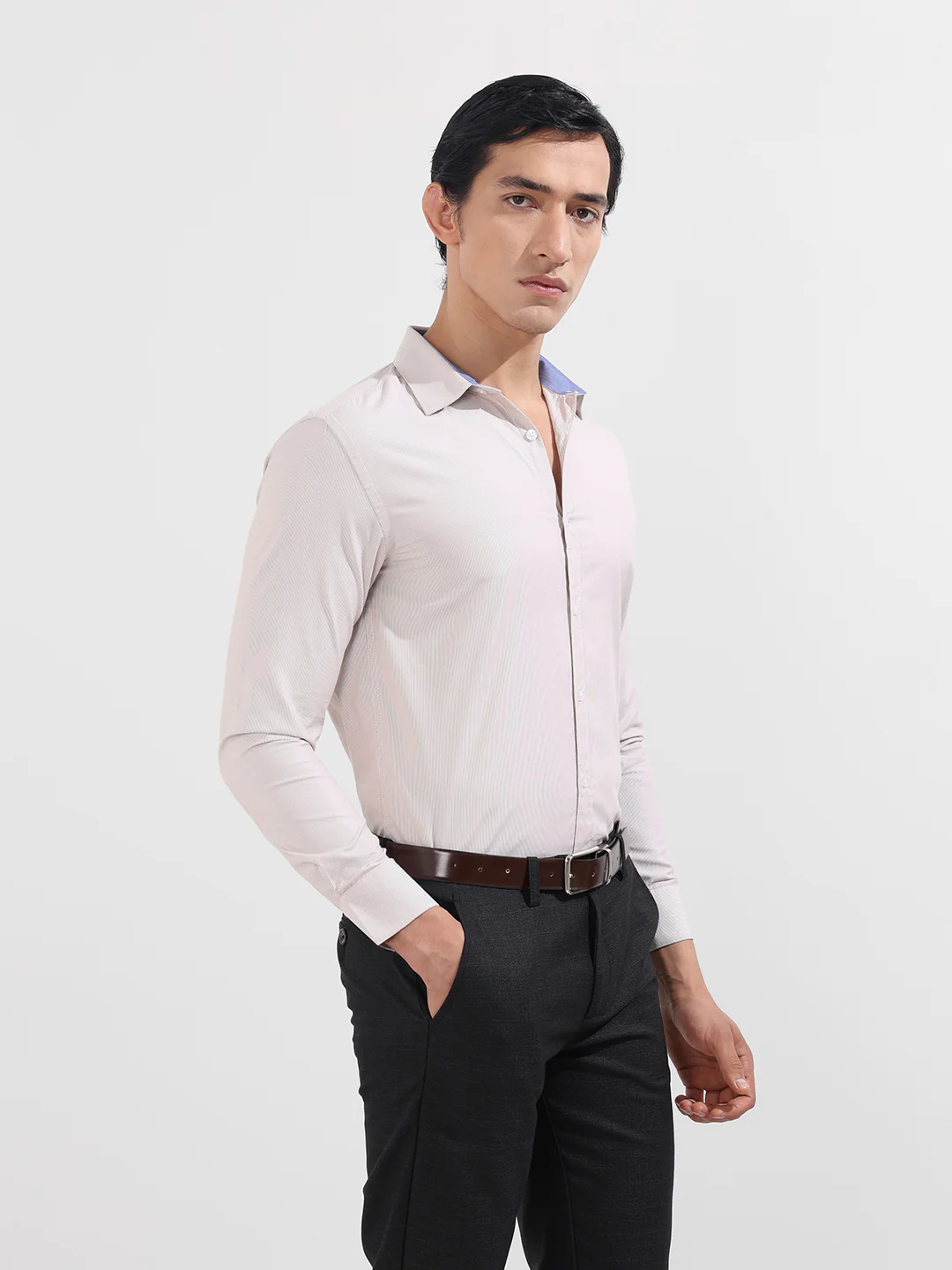 Men's Beige Slim Fit Striped Formal Shirt - Image 4