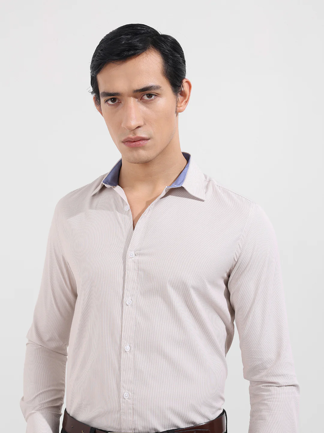Men's Beige Slim Fit Striped Formal Shirt - Image 5