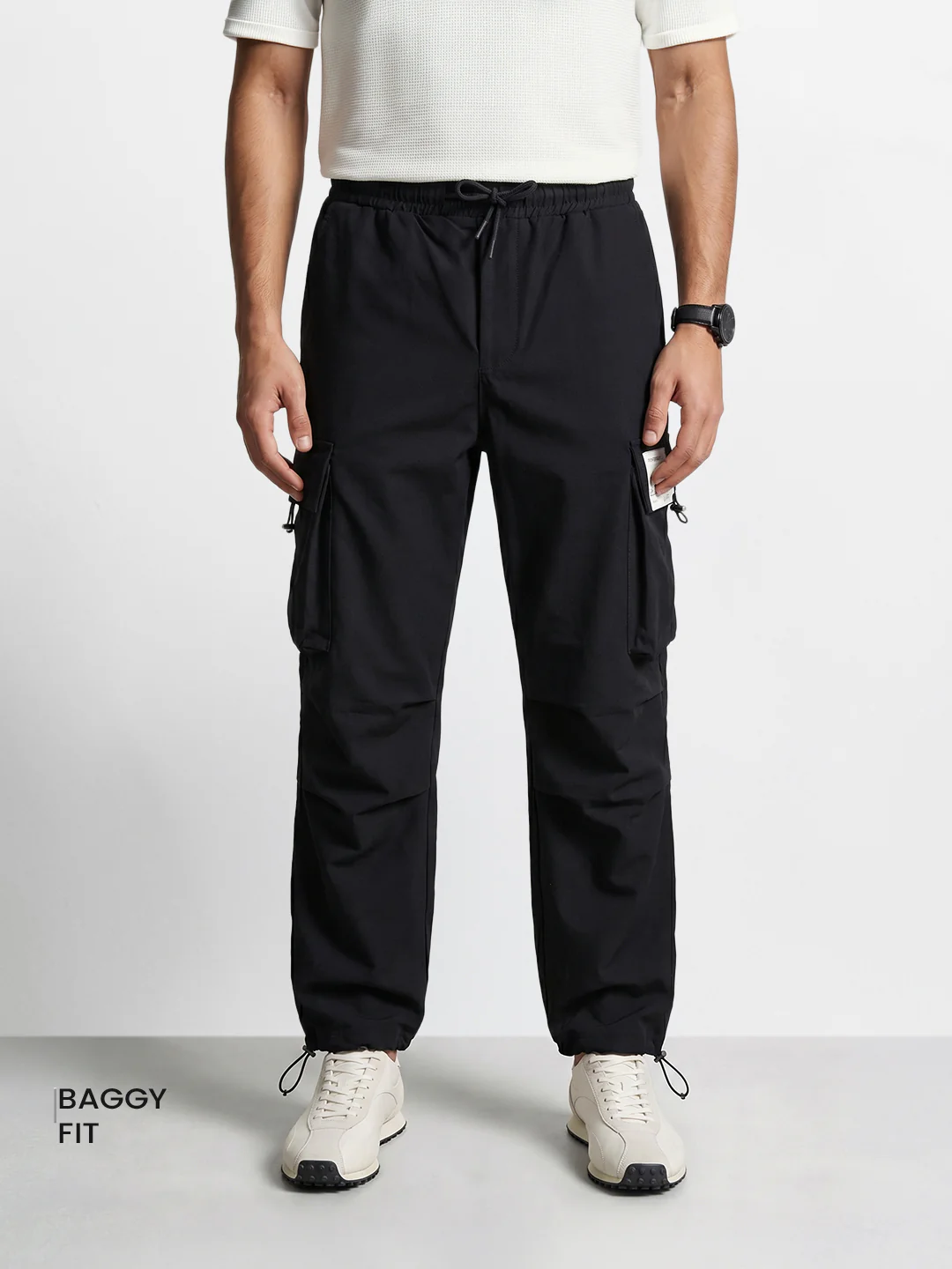 Men's Black Baggy Fit Solid Utility Cargo - Image 2