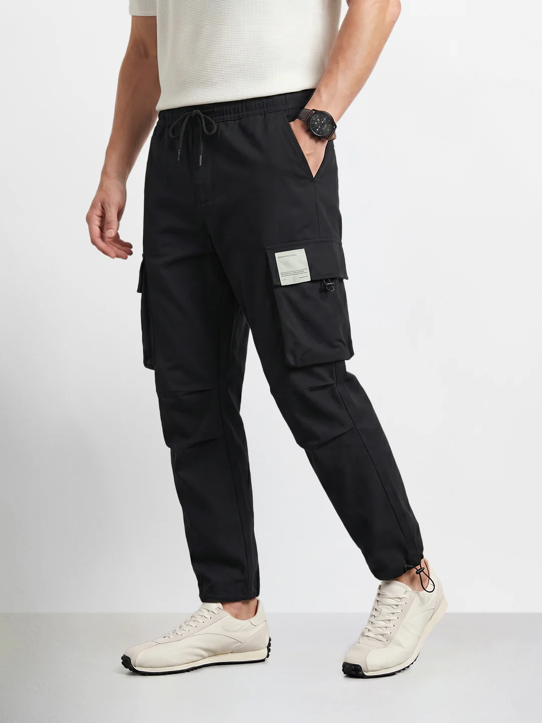 Men's Black Baggy Fit Solid Utility Cargo - Image 3