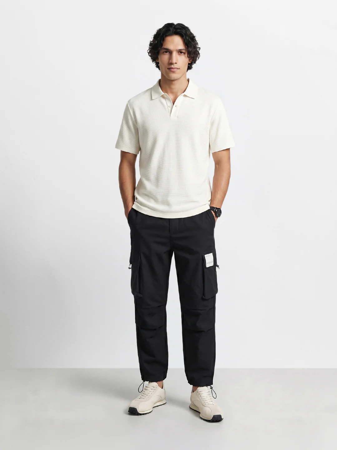 Men's Black Baggy Fit Solid Utility Cargo - Image 5