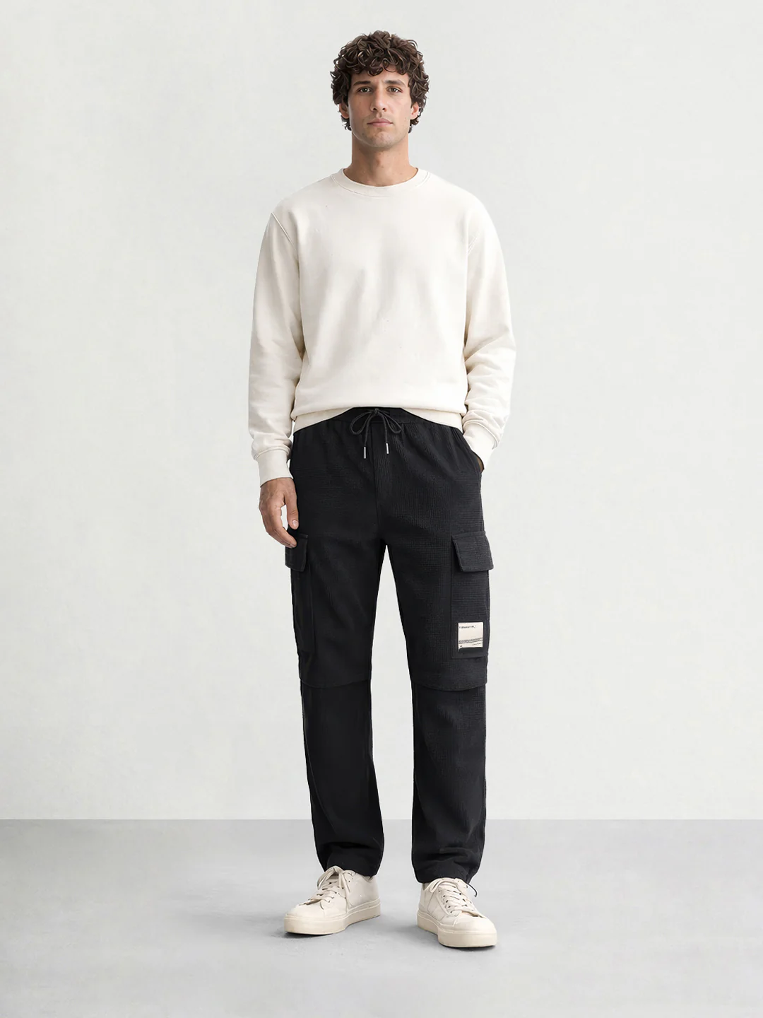 Men's Black Baggy Fit Textured Utility Cargo - Image 3