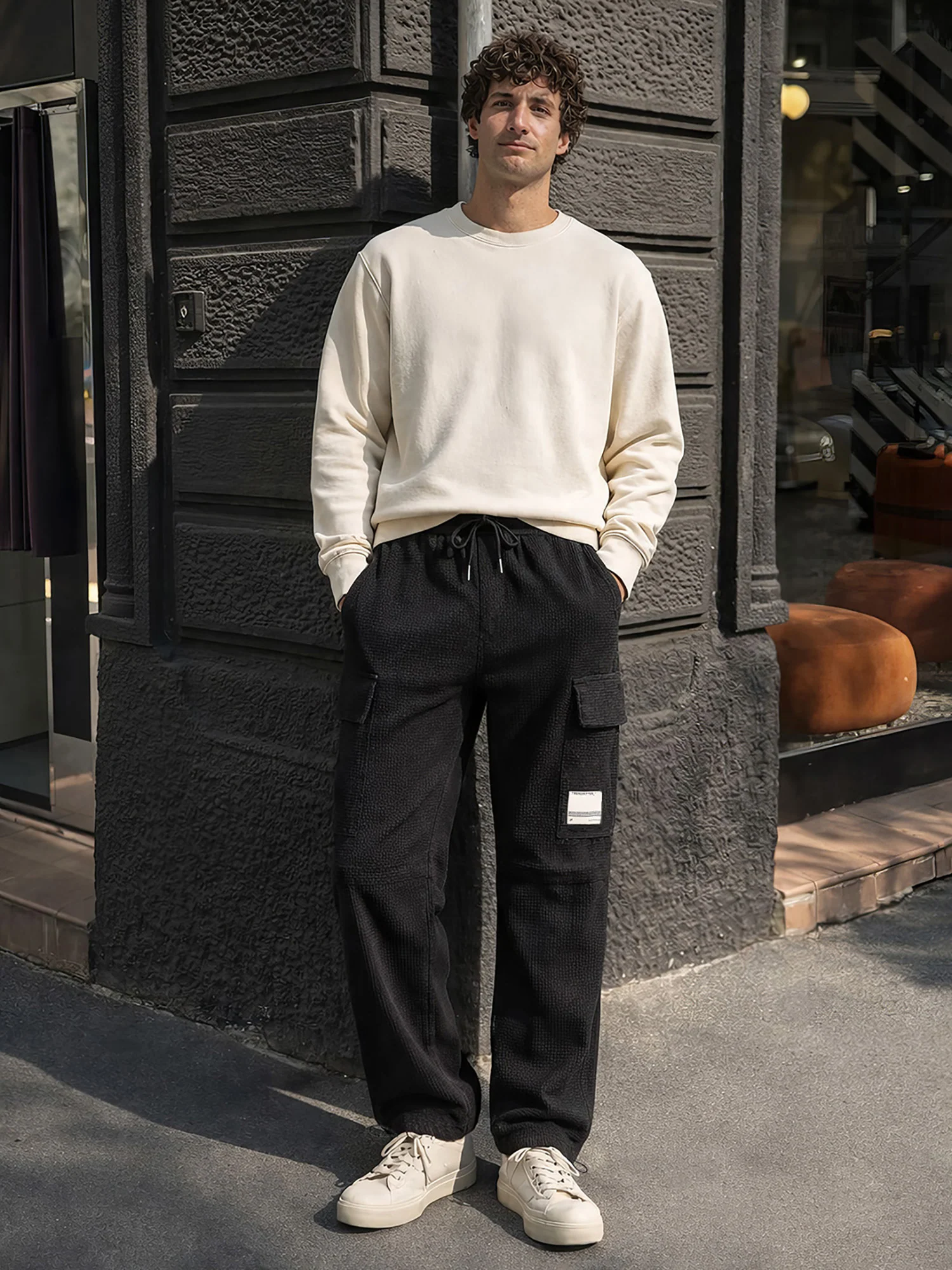 Men's Black Baggy Fit Textured Utility Cargo - Image 4