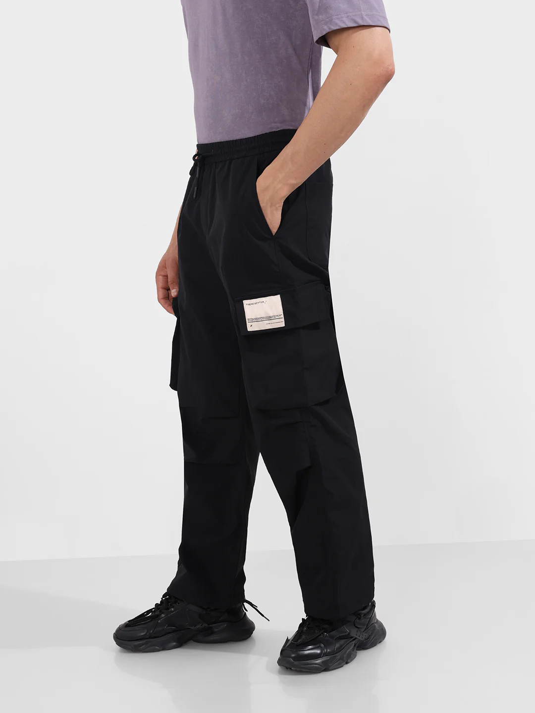 Men's Black Baggy Fit Textured Utility Cargo - Image 3
