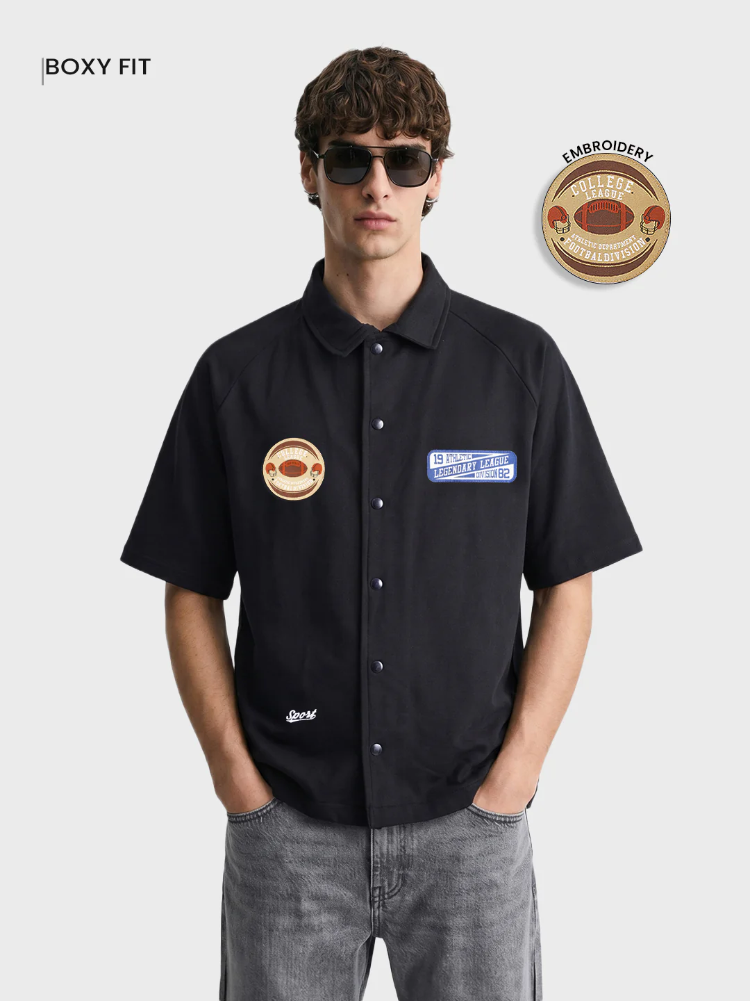 Men's Black Boxy Fit Embroided Casual Shirt - Image 2