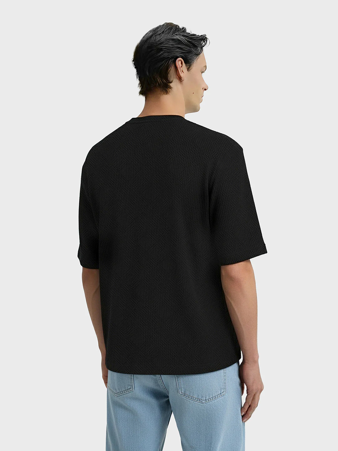Men's Black Boxy Fit Textured Casual T-Shirt - Image 3