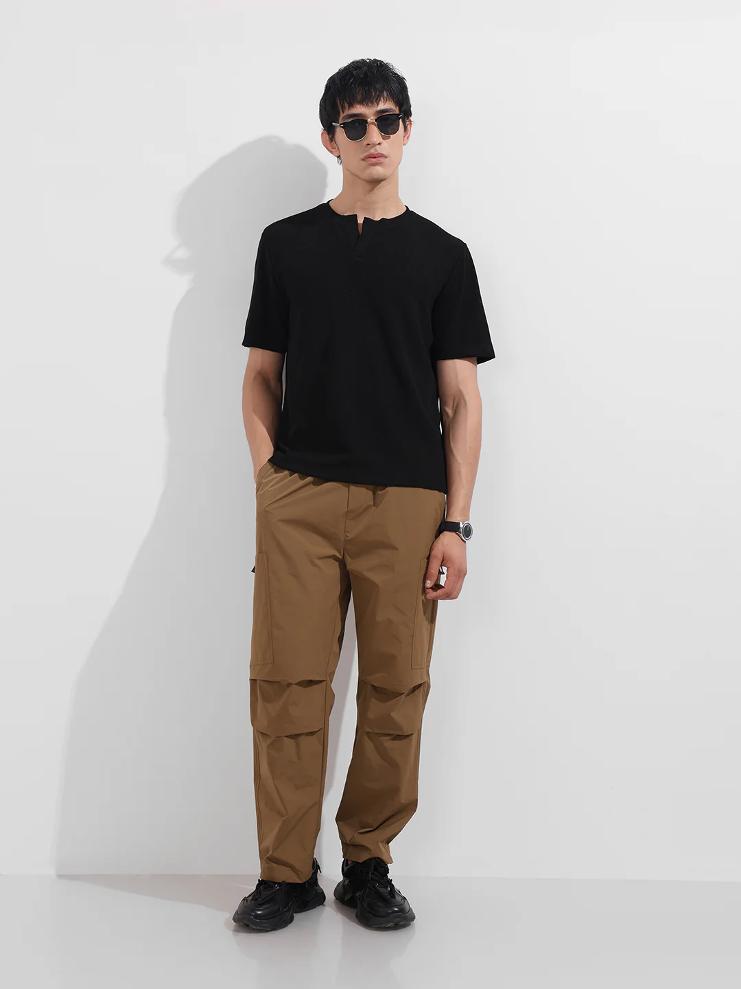 Men's Black Boxy Fit Textured Casual T-Shirt - Image 2