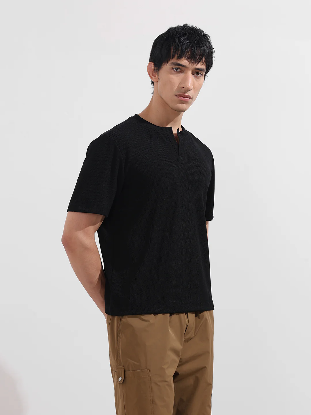 Men's Black Boxy Fit Textured Casual T-Shirt - Image 3