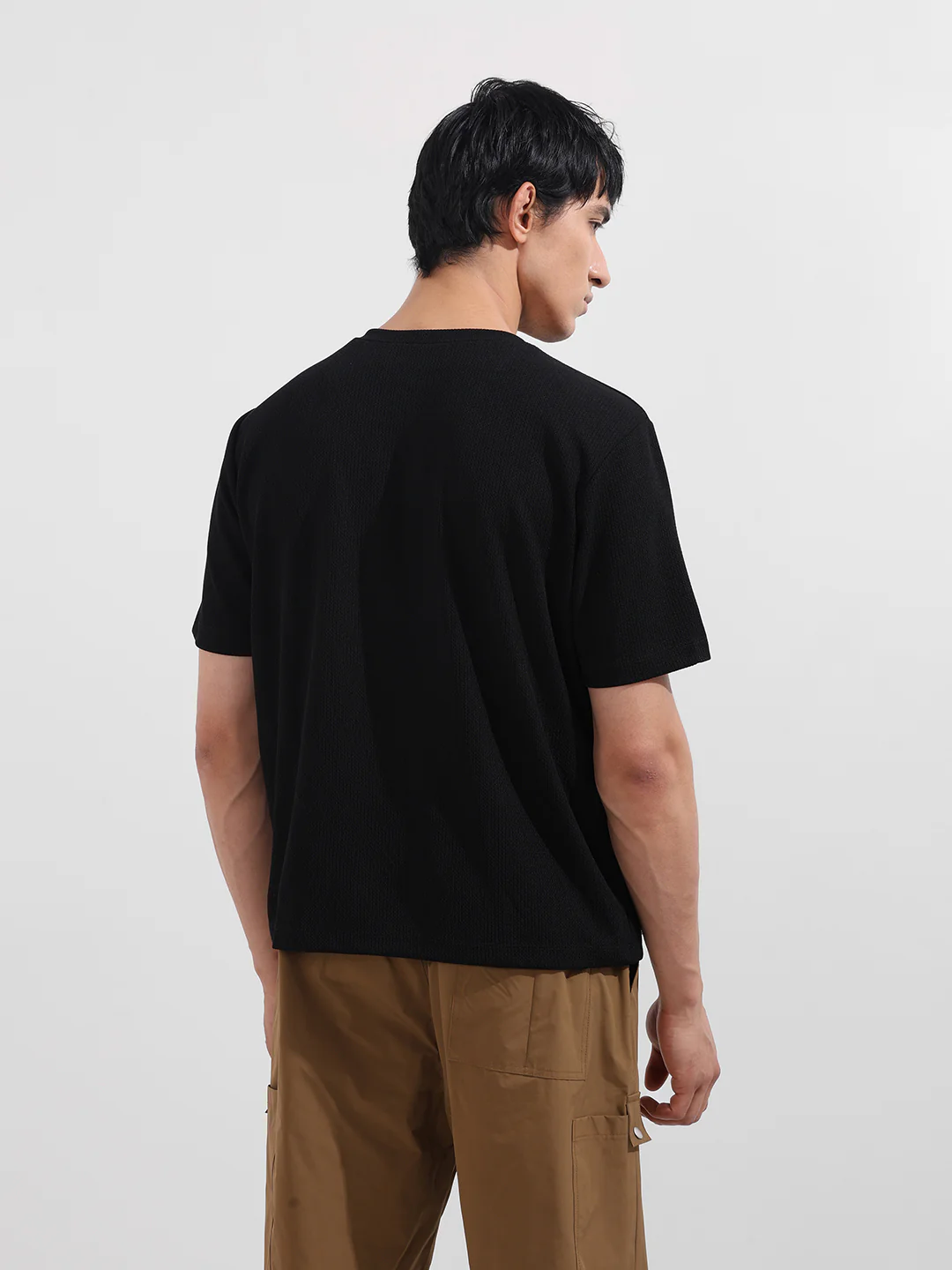 Men's Black Boxy Fit Textured Casual T-Shirt - Image 5
