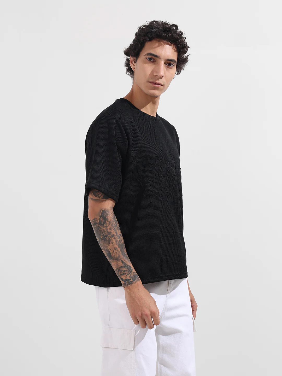 Men's Black Boxy Fit Textured Casual T-Shirt - Image 3