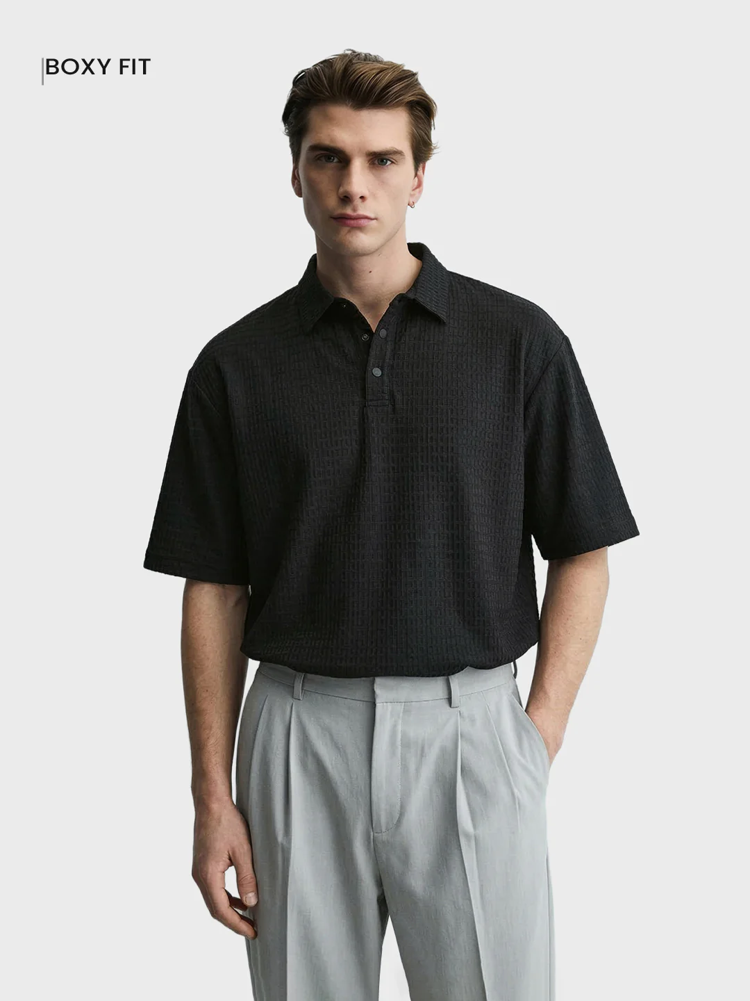 Men's Black Boxy Fit Textured Casual T-Shirt - Image 2