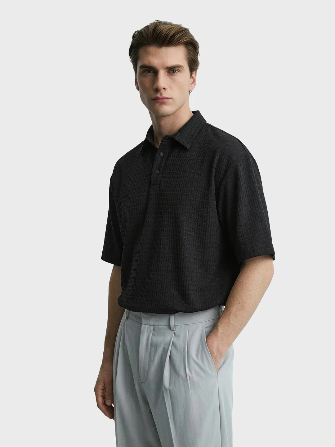 Men's Black Boxy Fit Textured Casual T-Shirt - Image 3