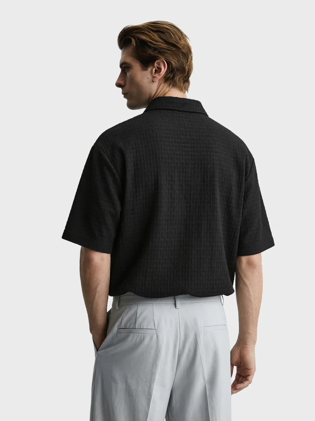 Men's Black Boxy Fit Textured Casual T-Shirt - Image 4