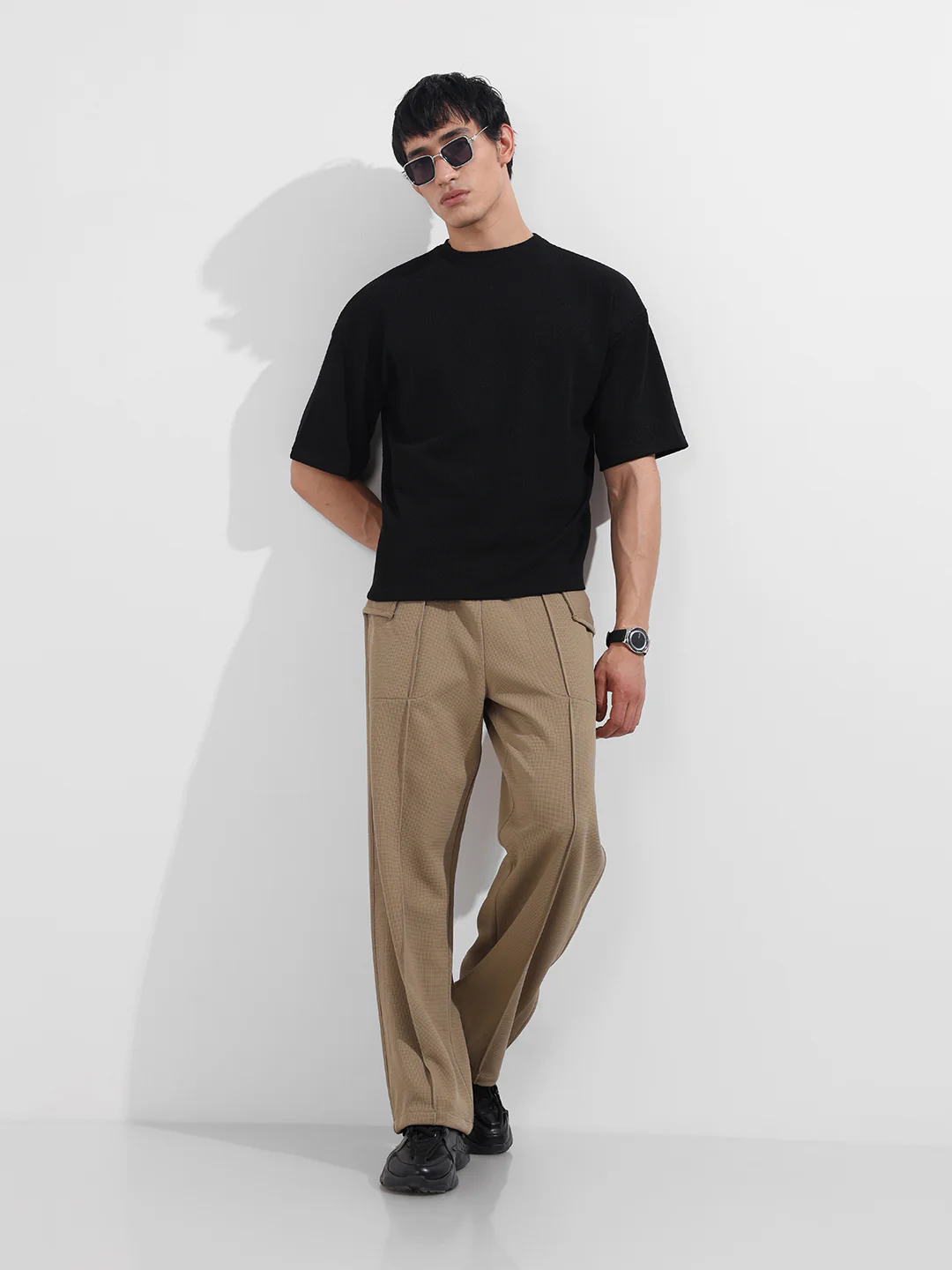 Men's Black Boxy Fit Textured Casual T-Shirt - Image 2