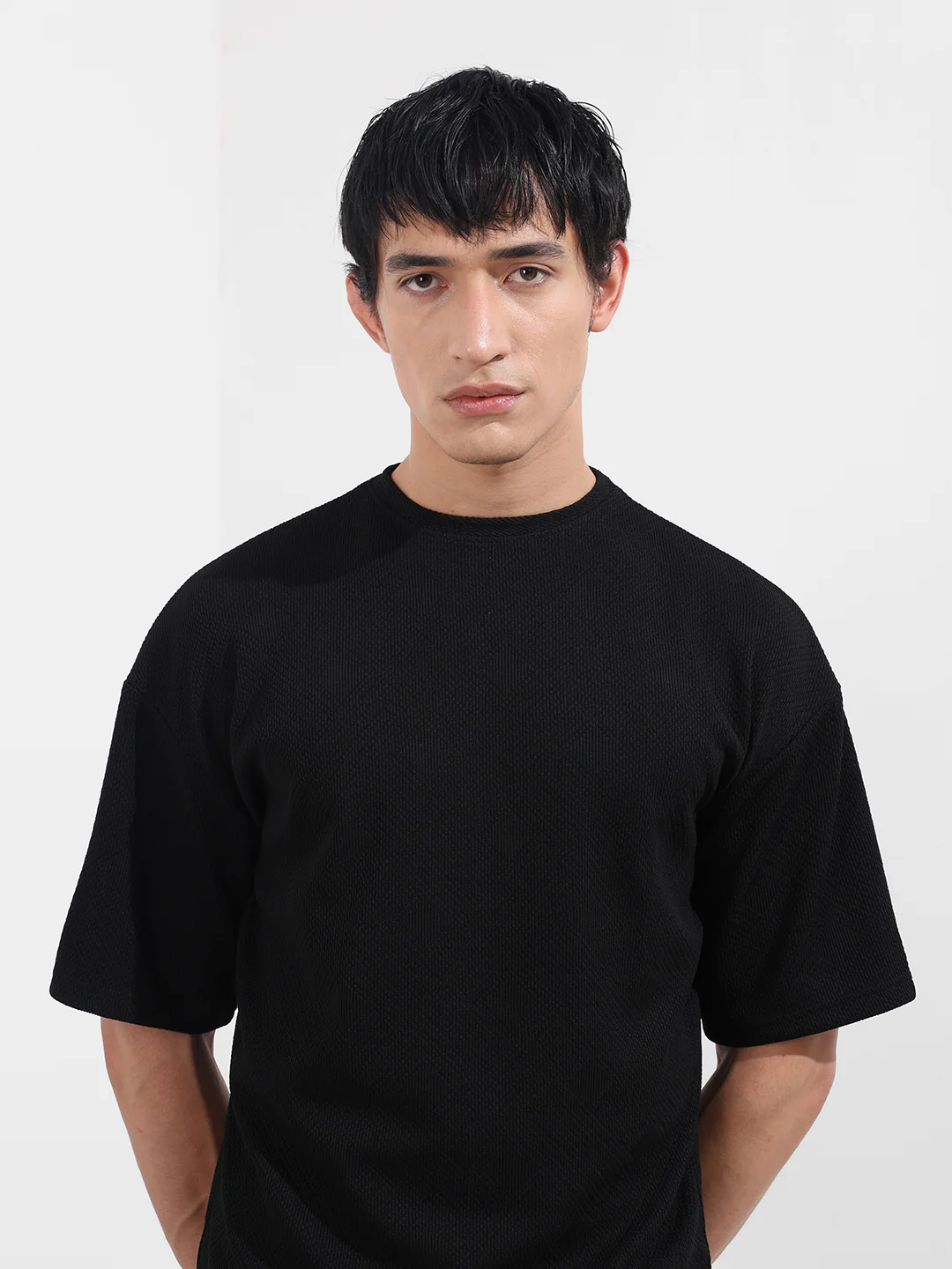 Men's Black Boxy Fit Textured Casual T-Shirt - Image 4