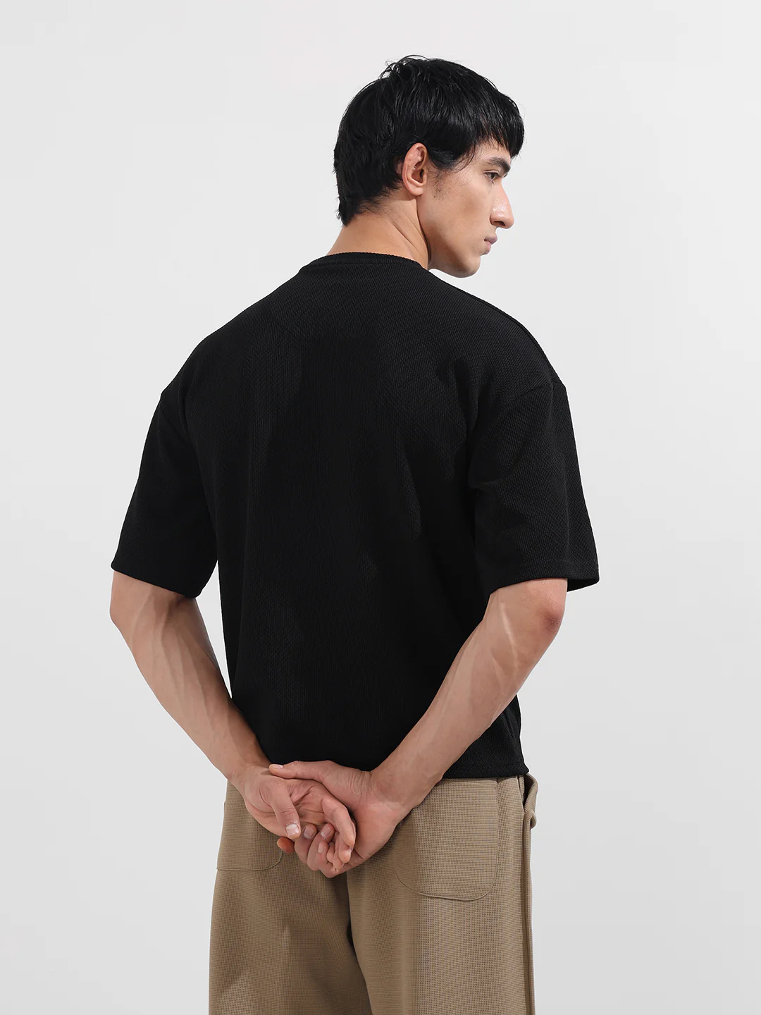 Men's Black Boxy Fit Textured Casual T-Shirt - Image 5
