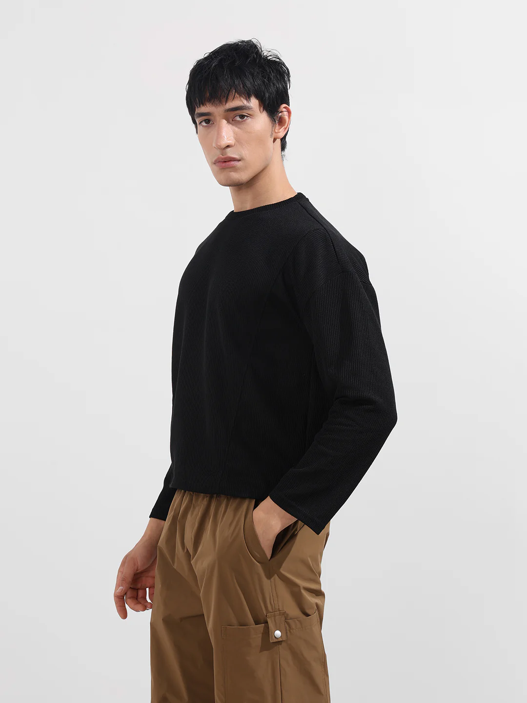 Men's Black Boxy Fit Textured Casual T-Shirt - Image 3