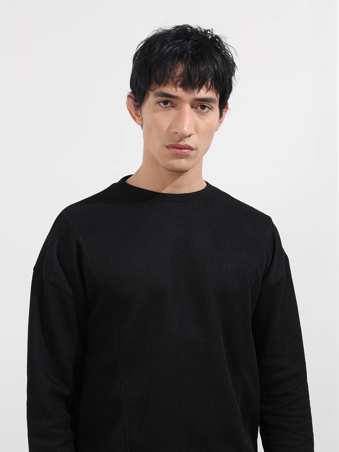 Men's Black Boxy Fit Textured Casual T-Shirt - Image 4