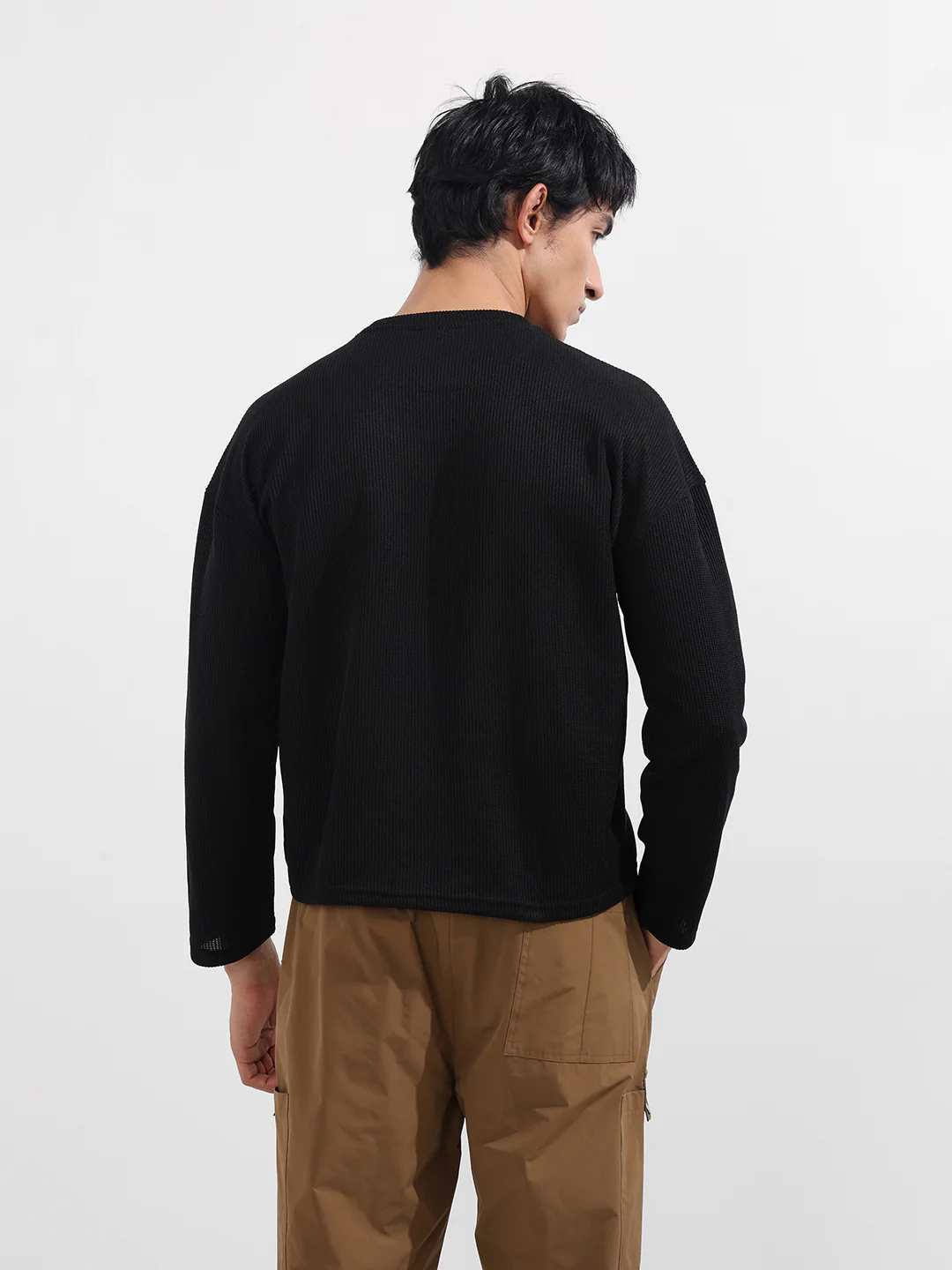Men's Black Boxy Fit Textured Casual T-Shirt - Image 5