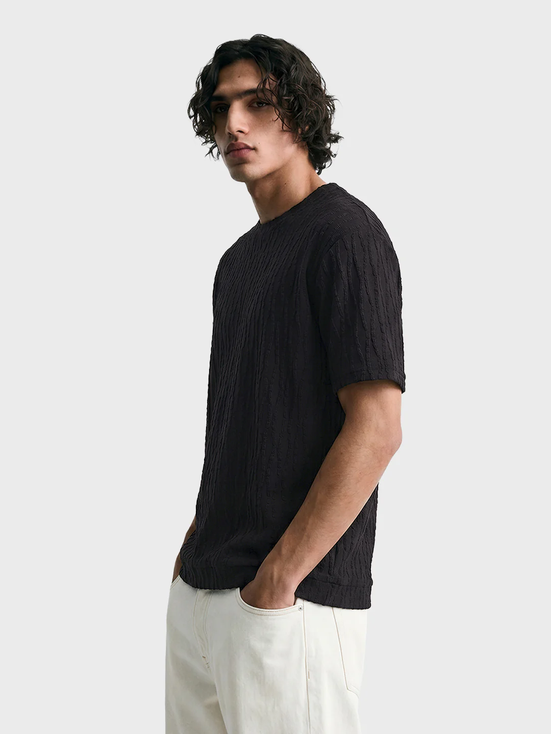 Men's Black Boxy Fit Textured Resort Wear T-Shirt - Image 2