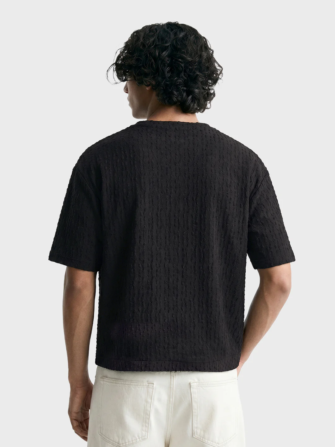 Men's Black Boxy Fit Textured Resort Wear T-Shirt - Image 3