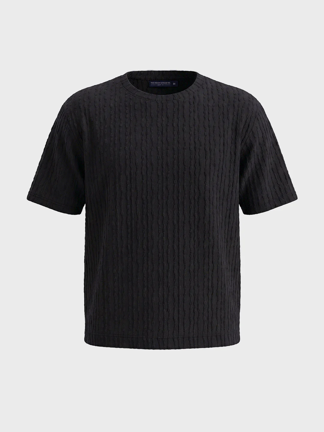 Men's Black Boxy Fit Textured Resort Wear T-Shirt - Image 4